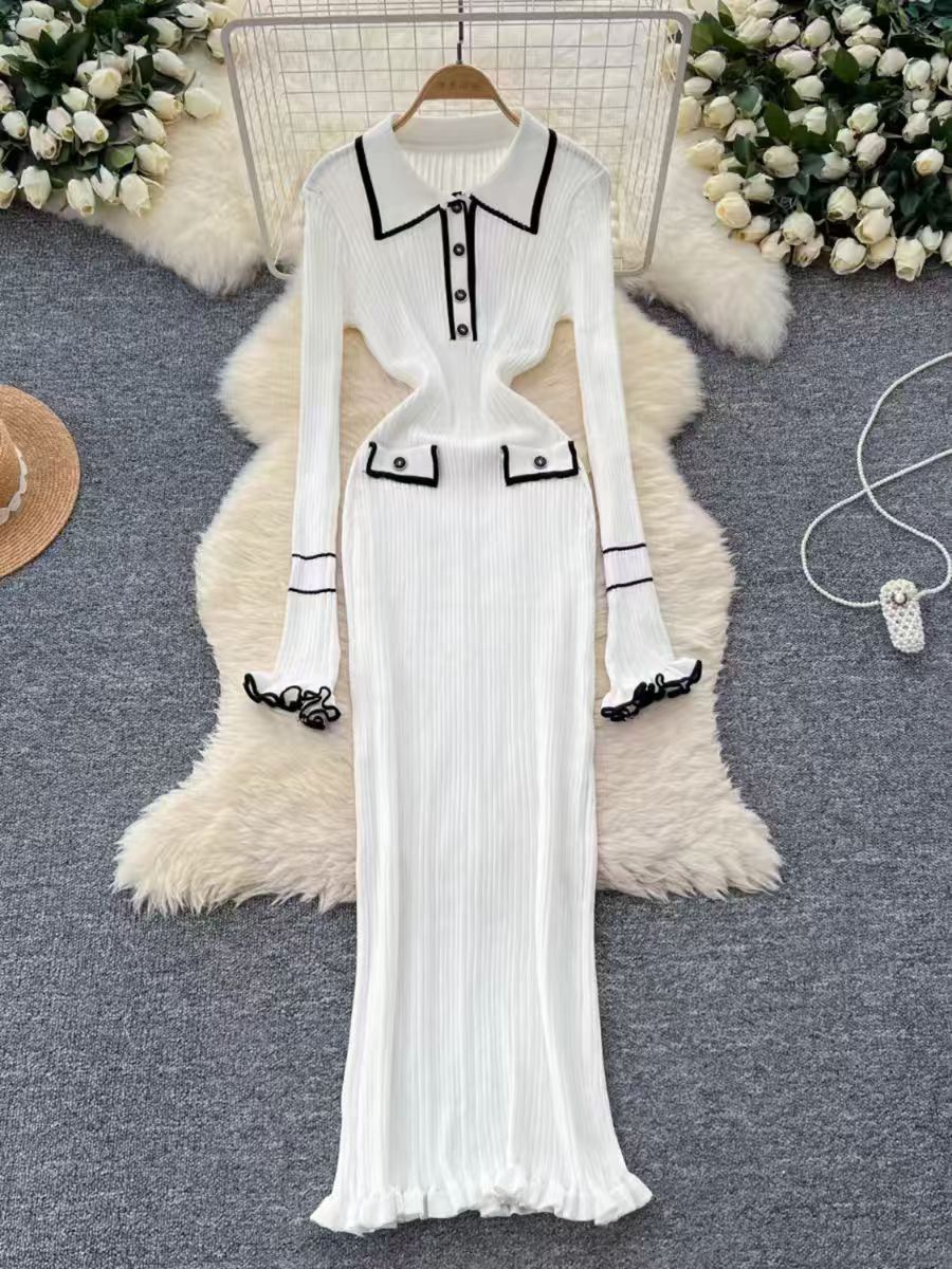 French retro small fragrant style dress, women's fashion contrasting color lapel long sleeved slim fit knit skirt, knee length long skirt French retro small fragrant style dress, women's fashion contrasting color lapel long sleeved slim fit knit skirt, knee length long skirt