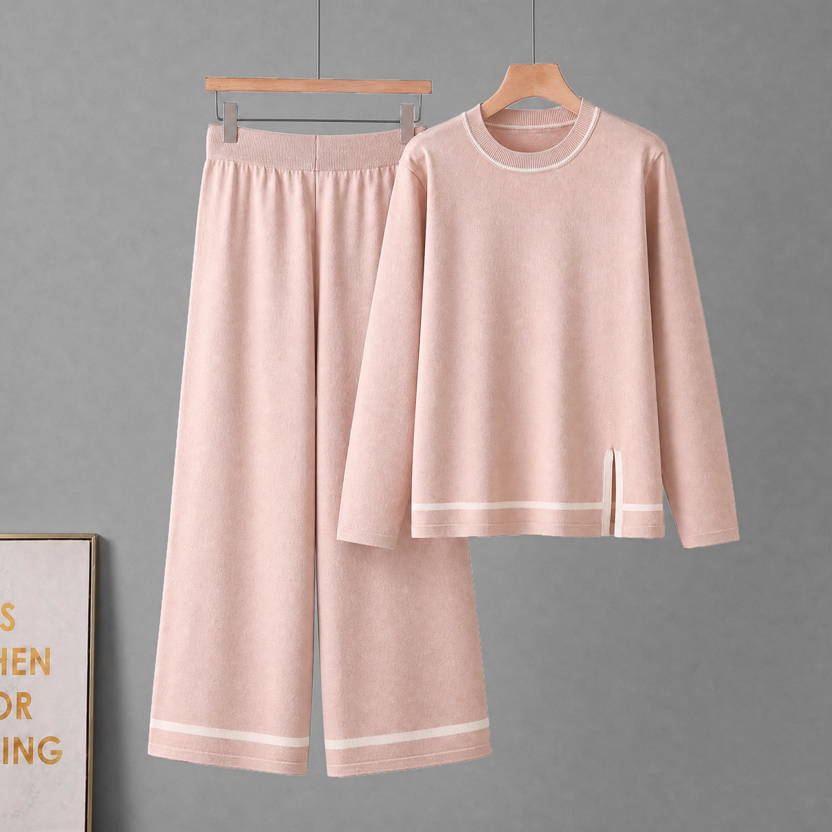 Amazon Women's New Color Contrasting Split Long Sleeve Knitted Set with High Waist and Wide Legs, Two Piece Set Amazon Women's New Color Contrasting Split Long Sleeve Knitted Set with High Waist and Wide Legs, Two Piece Set