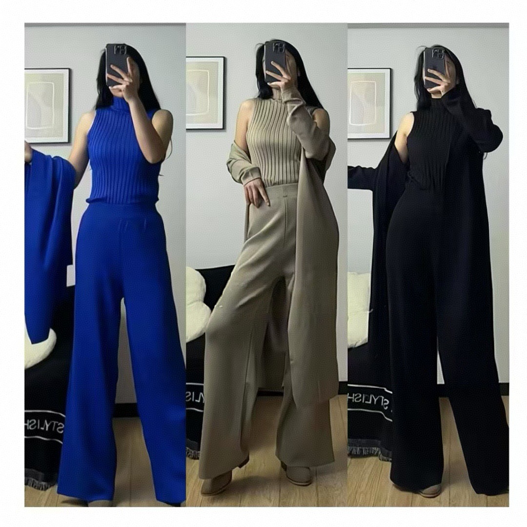 European and American style solid color casual suit women's shawl jacket+V-neck base knit sweater+wide leg pants three piece set