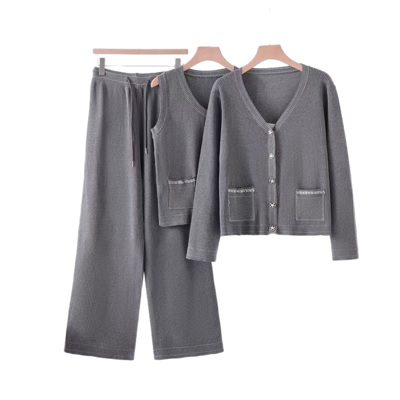 Foreign trade lazy casual knitted suit 2025 new solid color top wide leg pants temperament three piece set Foreign trade lazy casual knitted suit 2025 new solid color top wide leg pants temperament three piece set
