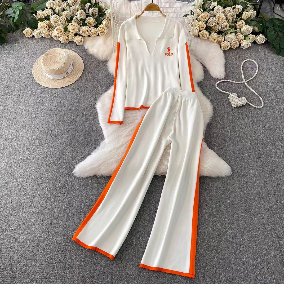 Leisure sports suit women's new embroidered round neck long sleeved knitted sweatshirt+high waist slimming two bar wide leg pants Leisure sports suit women's new embroidered round neck long sleeved knitted sweatshirt+high waist slimming two bar wide leg pants