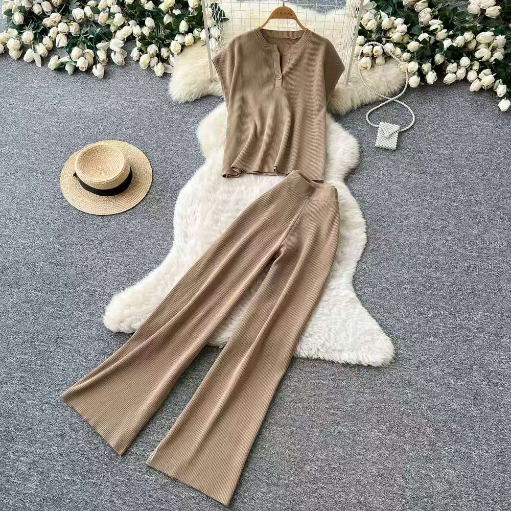 Korean chic summer outfit retro contrasting color lapel sleeveless knitted top+high waist slimming wide leg pants two-piece set Korean chic summer outfit retro contrasting color lapel sleeveless knitted top+high waist slimming wide leg pants two-piece set