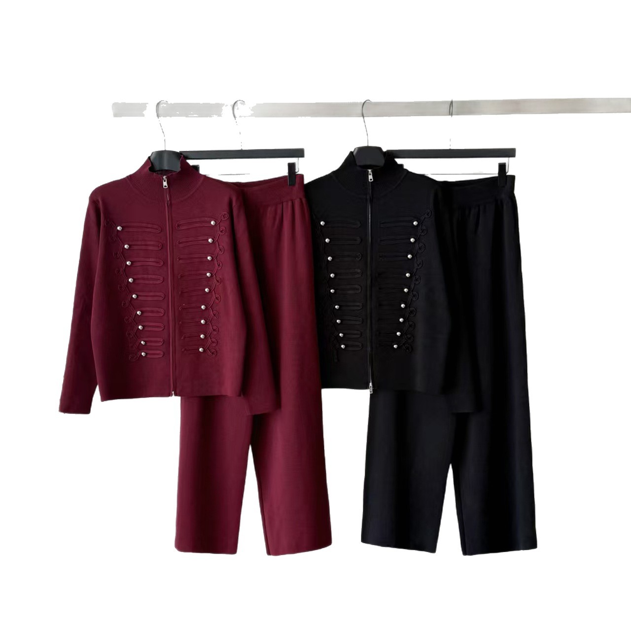 Cross border Heavy Industry Nail Bead Knitted Two Piece Set Women's Stand Collar Zipper cardigan High Waist Wide Leg Pants Set Cross border Heavy Industry Nail Bead Knitted Two Piece Set Women's Stand Collar Zipper cardigan High Waist Wide Leg Pants Set