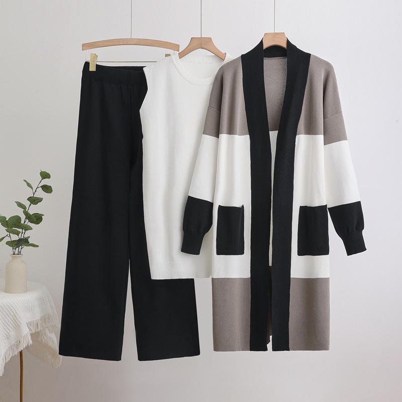 Cross border foreign trade women's clothing 2025 autumn new item European and American knitted medium long cardigan vest wide leg pants three piece set