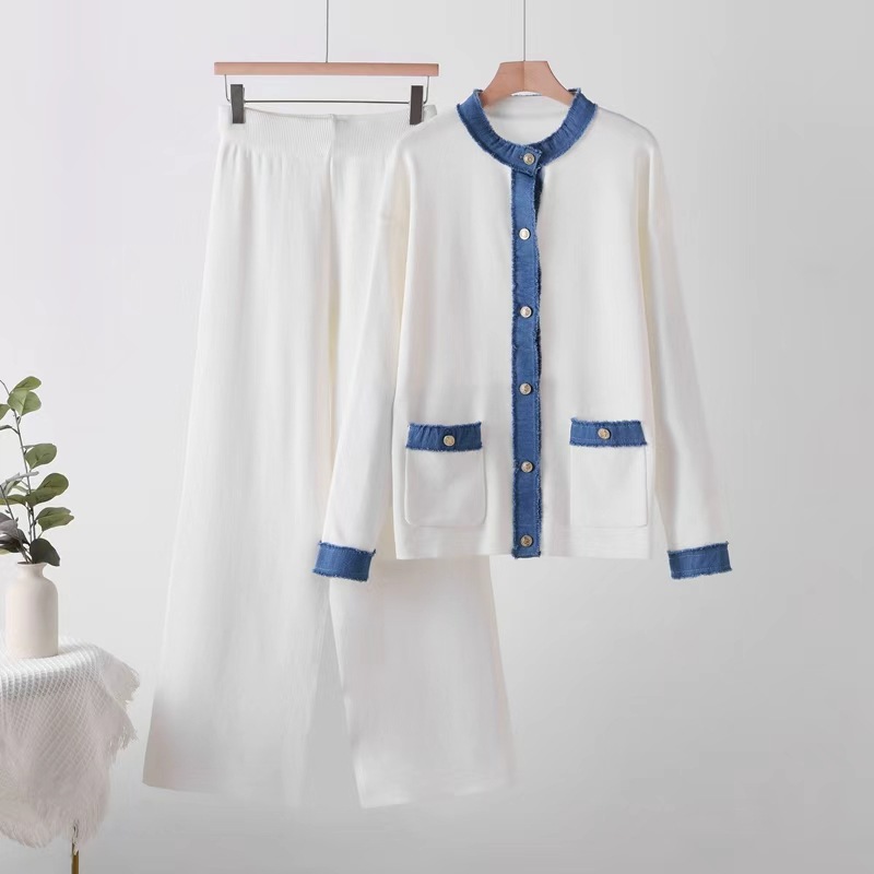 French socialite goddess style fashionable design denim patchwork knitted round neck jacket+high waist wide leg pants two-piece set French socialite goddess style fashionable design denim patchwork knitted round neck jacket+high waist wide leg pants two-piece set