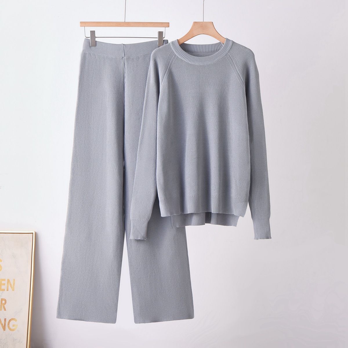 Cross border winter new thick sweater set for women, loose knit long sleeved round neck fashionable wide leg pants two-piece set for women Cross border winter new thick sweater set for women, loose knit long sleeved round neck fashionable wide leg pants two-piece set for women