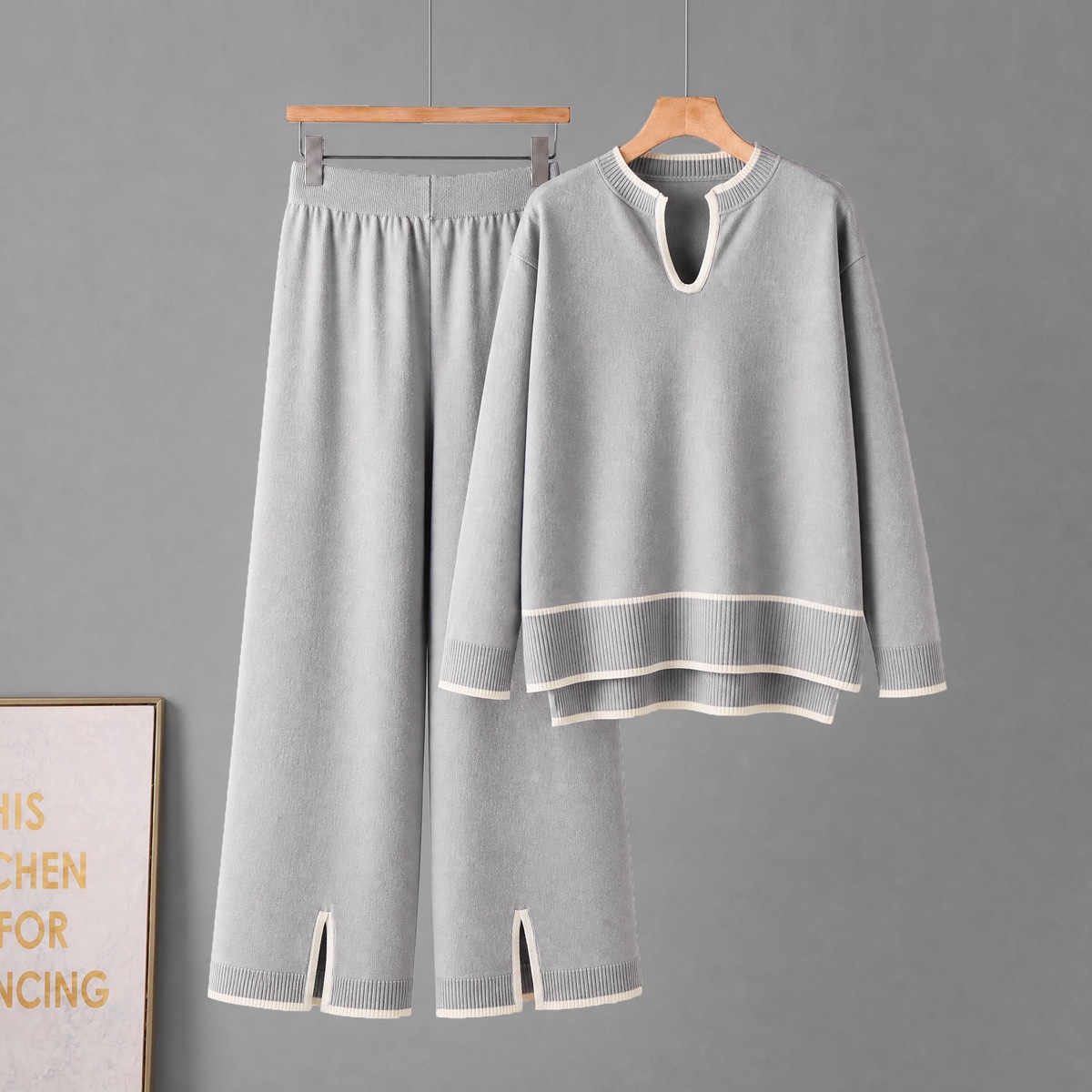 Cross border autumn and winter women's clothing U-shaped collar long sleeved knitted sweater set with split wide leg pants knitted two-piece set for women Cross border autumn and winter women's clothing U-shaped collar long sleeved knitted sweater set with split wide leg pants knitted two-piece set for women