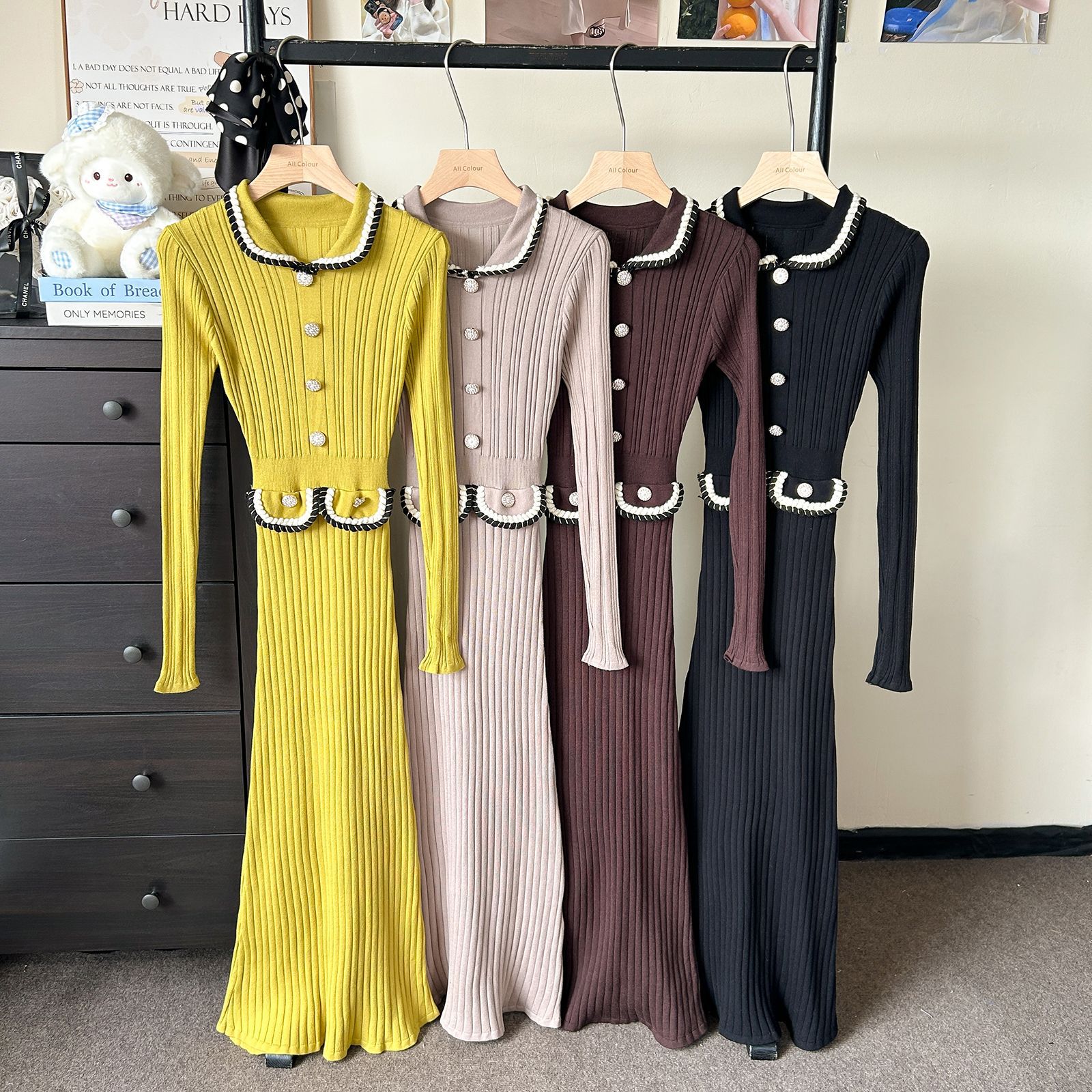 Foreign trade high-end temperament woven doll collar dress for women autumn and winter long sleeved knitted elastic waist with elegant fish tail Foreign trade high-end temperament woven doll collar dress for women autumn and winter long sleeved knitted elastic waist with elegant fish tail