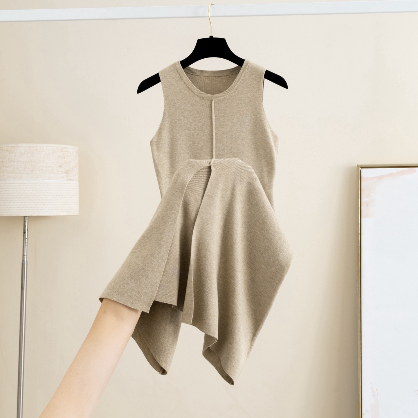 Wool round neck knitted dress for women in autumn and winter 2025, new solid color slit A-line base vest, sleeveless long skirt