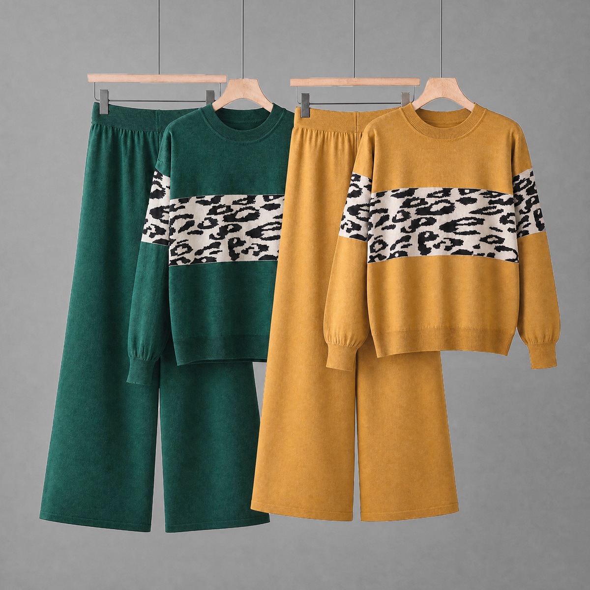 Foreign trade European and American leopard print knitted suit women's two-piece set autumn and winter round neck long sleeved top casual wide leg pants suit women Foreign trade European and American leopard print knitted suit women's two-piece set autumn and winter round neck long sleeved top casual wide leg pants suit women