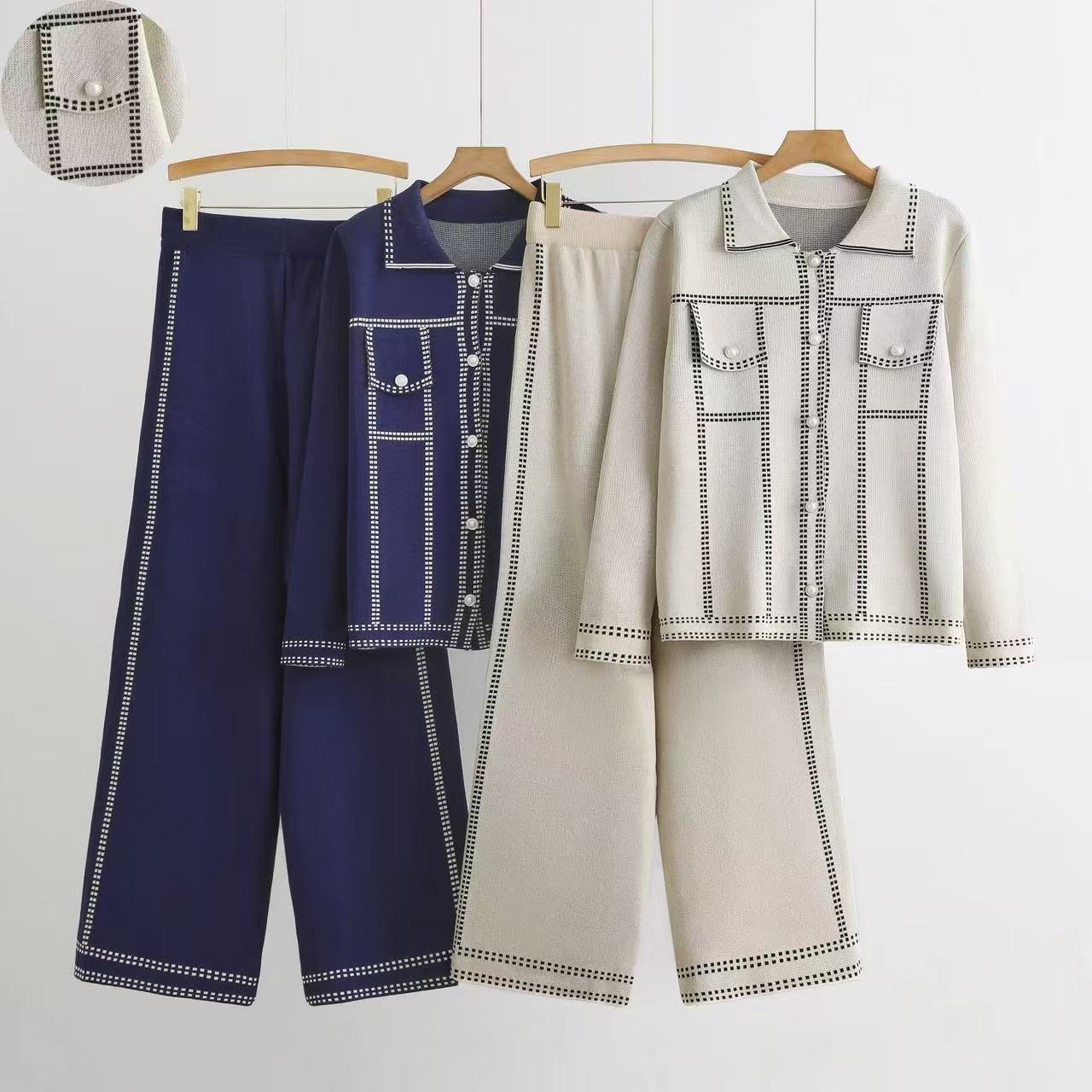 Foreign Trade Women's 2025 New Knitted Suit Two Piece Set Long Sleeve Polo Collar Fashion Set Foreign Trade Women's 2025 New Knitted Suit Two Piece Set Long Sleeve Polo Collar Fashion Set