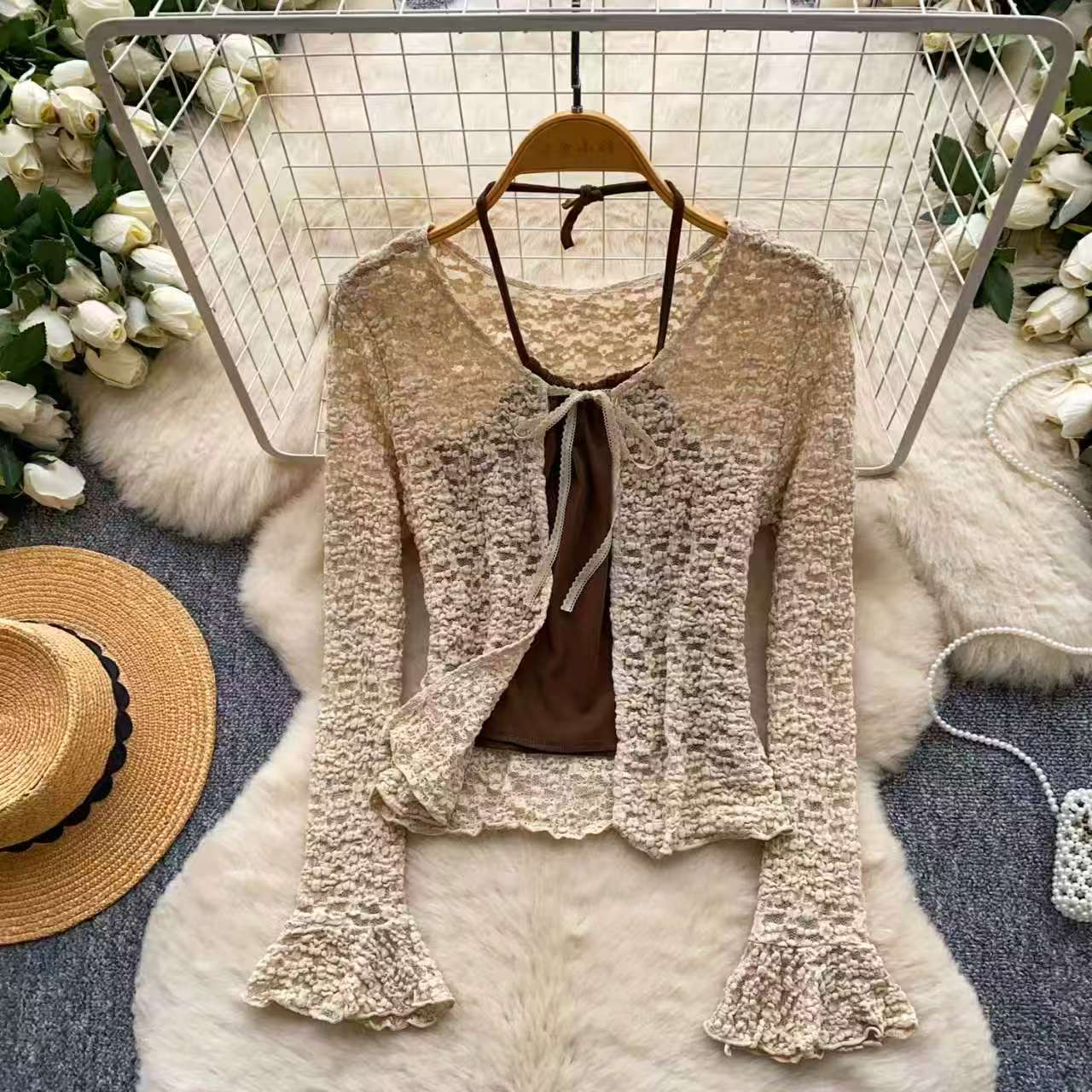 French hollow camisole lace cardigan women's spring lace collar flared sleeves two-piece set slimming and sun protection temperament set French hollow camisole lace cardigan women's spring lace collar flared sleeves two-piece set slimming and sun protection temperament set