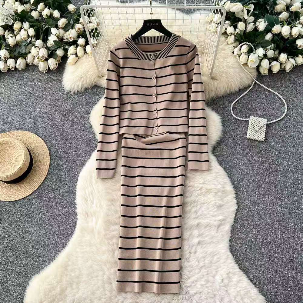 French commuting style striped button knit two-piece set for women's autumn slim fit design cardigan dress set French commuting style striped button knit two-piece set for women's autumn slim fit design cardigan dress set