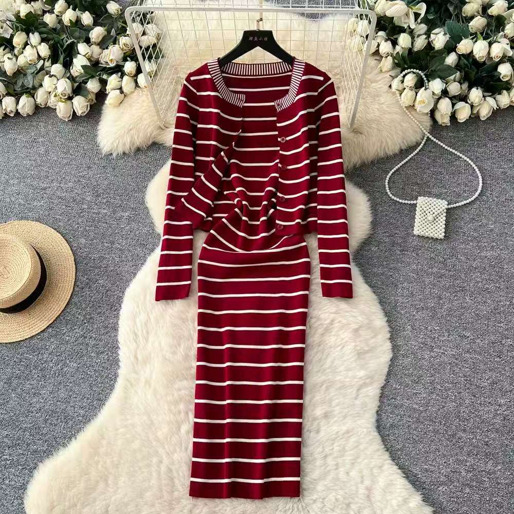 French commuting style striped button knit two-piece set for women's autumn slim fit design cardigan dress set French commuting style striped button knit two-piece set for women's autumn slim fit design cardigan dress set