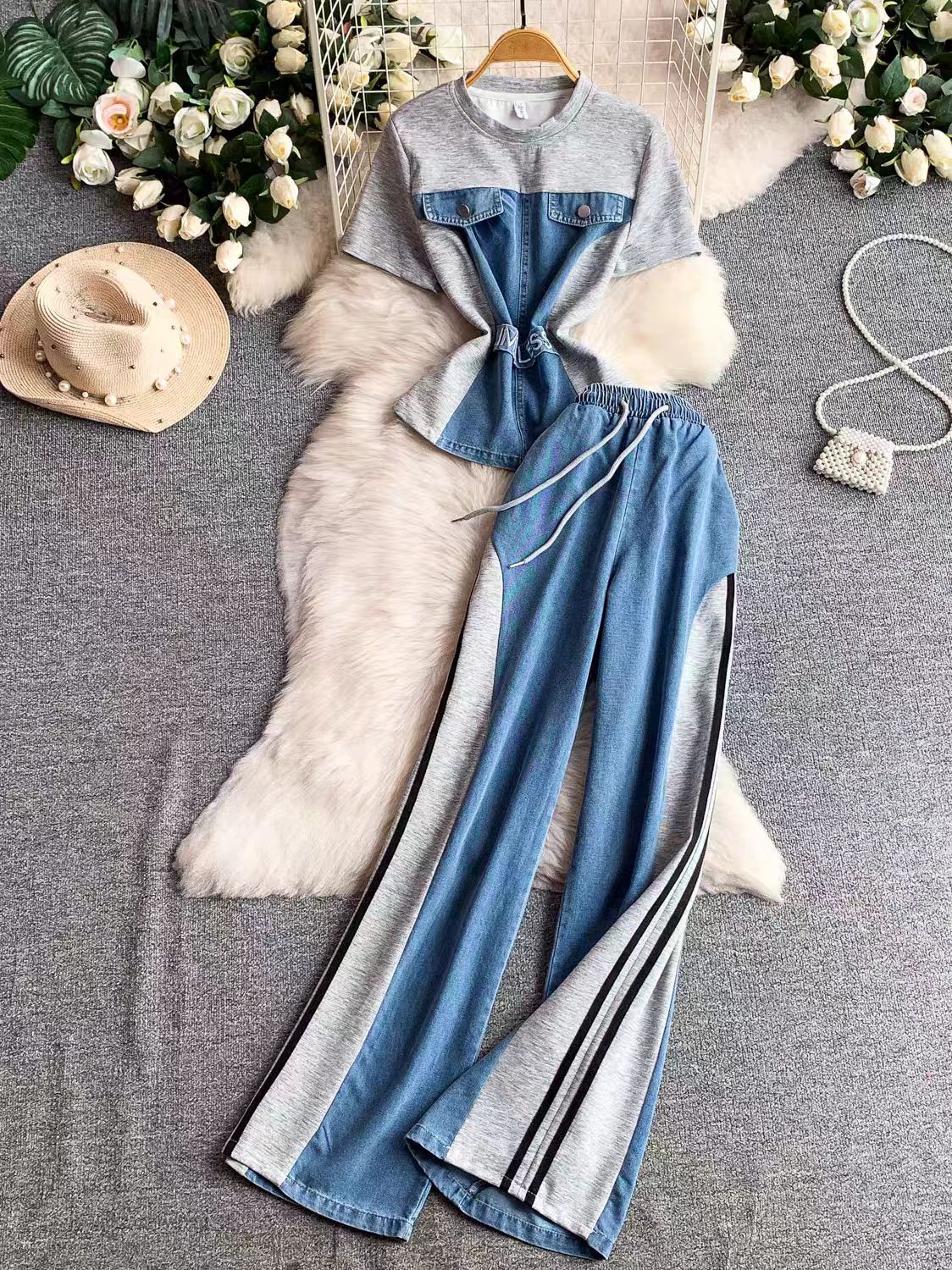 Hong Kong style retro patchwork short sleeved denim suit for women's summer daily casual straight leg pants two-piece set for slimming wear Hong Kong style retro patchwork short sleeved denim suit for women's summer daily casual straight leg pants two-piece set for slimming wear