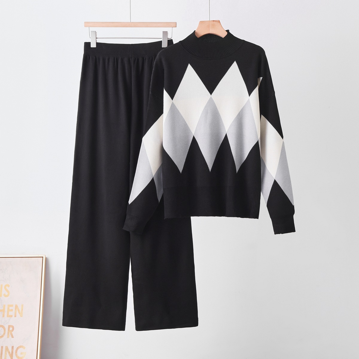 Cross border European and American fashion suit autumn and winter new loose round neck versatile sweater+casual wide leg pants two-piece set for women Cross border European and American fashion suit autumn and winter new loose round neck versatile sweater+casual wide leg pants two-piece set for women