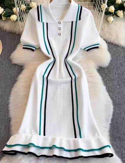 French style three button lapel bubble sleeve dress for women, autumn and winter striped hollow knitted ruffle edge mid length skirt