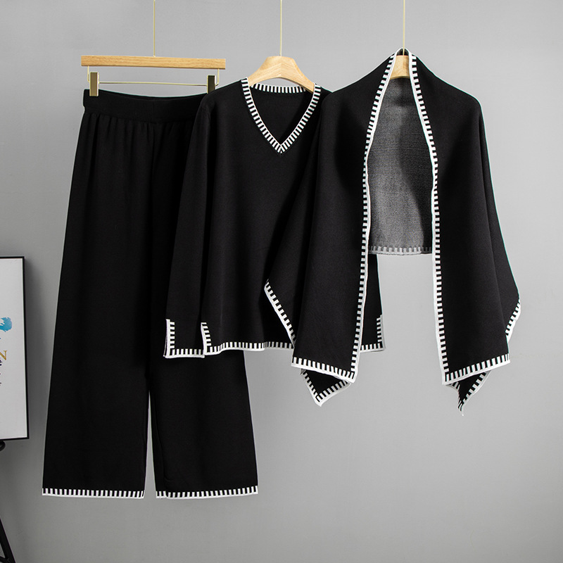 Cross border European and American style autumn and winter new fashion outfit shawl sweater wide leg pants knitted three piece set temperament set for women Cross border European and American style autumn and winter new fashion outfit shawl sweater wide leg pants knitted three piece set temperament set for women