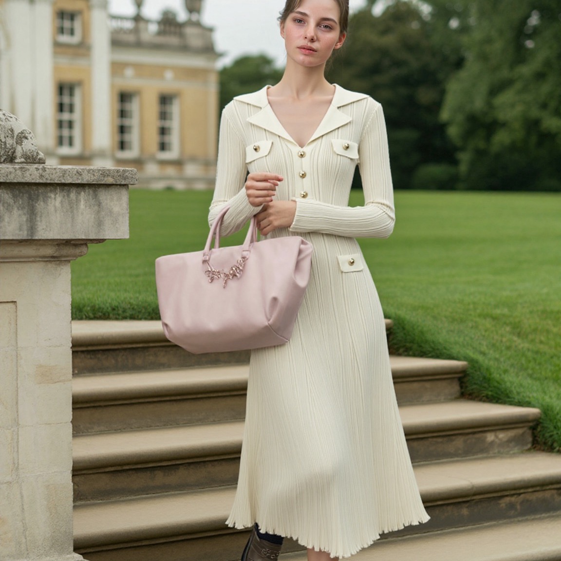 French socialite temperament fashionable and elegant waist cinching slimming suit collar gold buckle vertical stripe long dress French socialite temperament fashionable and elegant waist cinching slimming suit collar gold buckle vertical stripe long dress