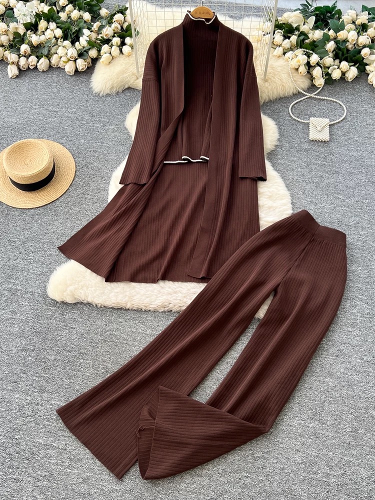 High end loose outer layer, mid to long knit cardigan base, high neck long sleeved sweater, high waist wide leg pants three piece set High end loose outer layer, mid to long knit cardigan base, high neck long sleeved sweater, high waist wide leg pants three piece set