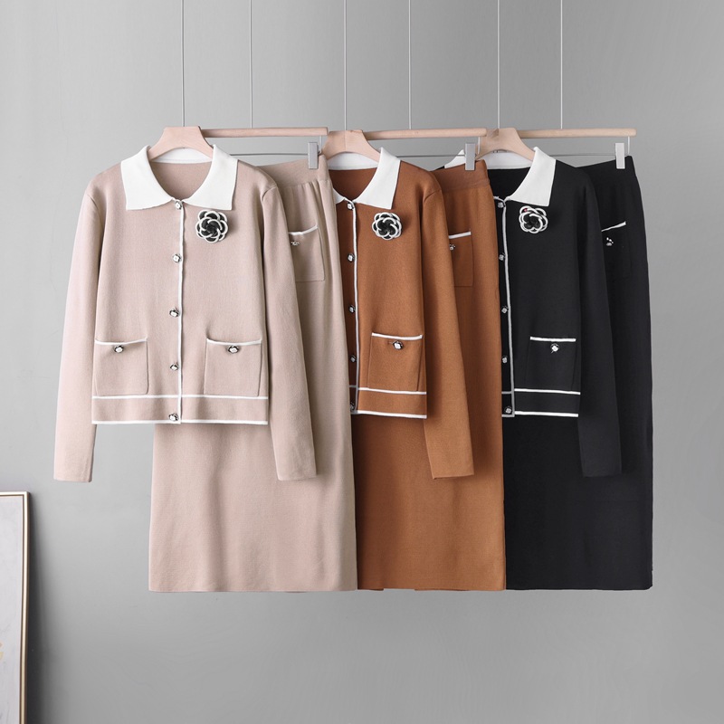 Cross border Korean Camellia Sweater Set Women's Spring/Autumn Knitted Top Skirt Two piece Set Autumn/Winter Korean Cross border Korean Camellia Sweater Set Women's Spring/Autumn Knitted Top Skirt Two piece Set Autumn/Winter Korean