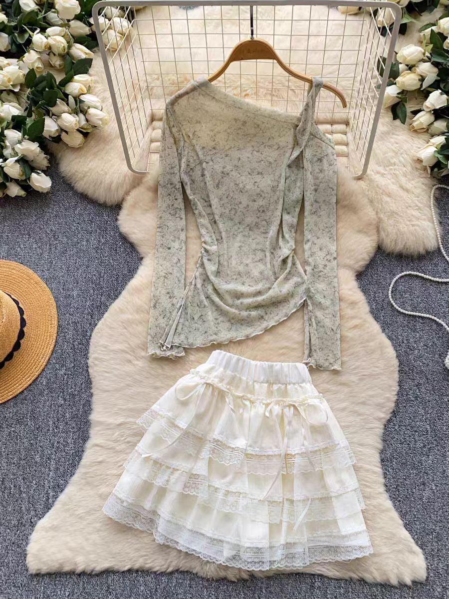 Gentle Korean style one shoulder long sleeved top with ruffled cake skirt for women in autumn, sloping shoulders to show off slimming temperament, two-piece set