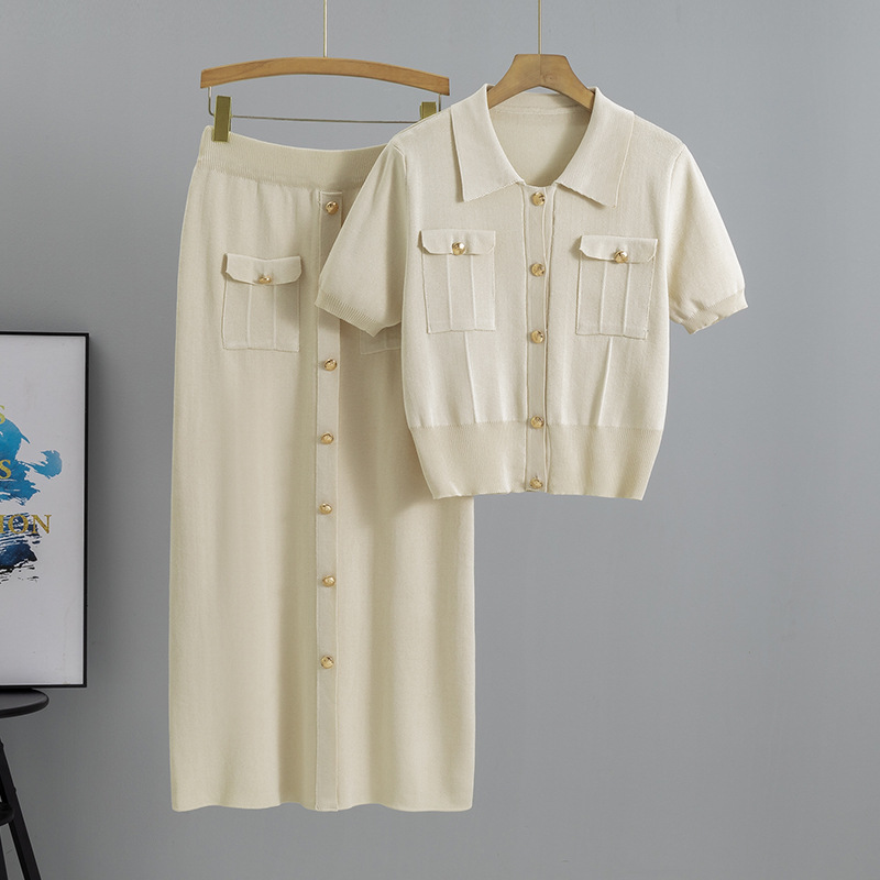 Cross border French collar small fragrance style set, summer feminine knitted cardigan top, slim fit half skirt two-piece set Cross border French collar small fragrance style set, summer feminine knitted cardigan top, slim fit half skirt two-piece set