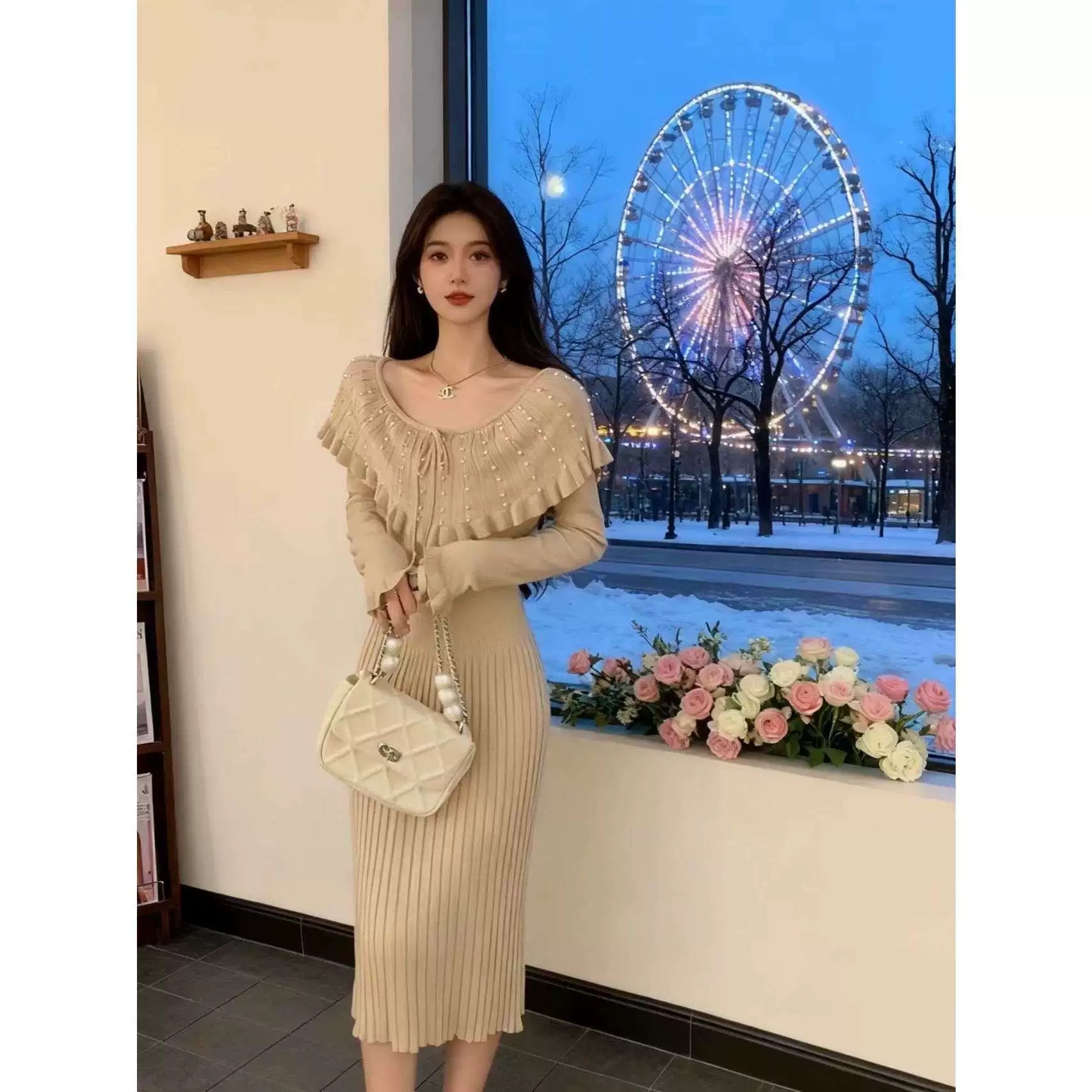 Korean elegant and graceful French knitted dress, women's 2025 new style, unique and beautiful temperament, waist cinching long skirt Korean elegant and graceful French knitted dress, women's 2025 new style, unique and beautiful temperament, waist cinching long skirt