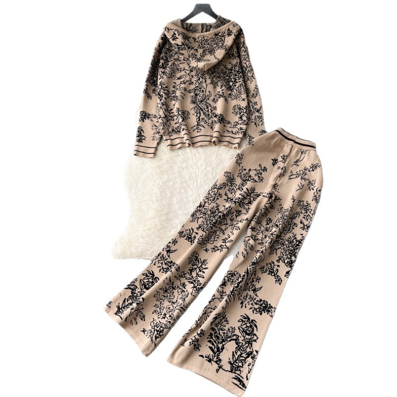 Fashion suit women's spring and autumn ink painting jacquard zipper hooded knitted sweatshirt two-piece set high waist wide leg pants Fashion suit women's spring and autumn ink painting jacquard zipper hooded knitted sweatshirt two-piece set high waist wide leg pants