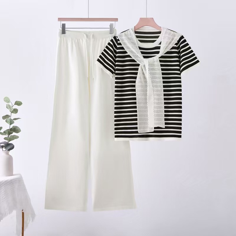 Cross border short stature striped knitted two-piece set for summer vacation, two pieces of shawl short sleeved high waisted wide leg pants, covering flesh and showing off weight