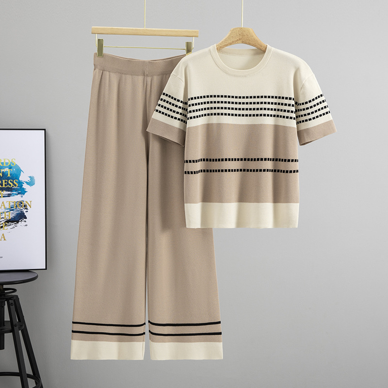 Cross border summer new round neck short sleeved contrasting striped casual suit with feminine temperament, slim and wide leg pants two-piece set