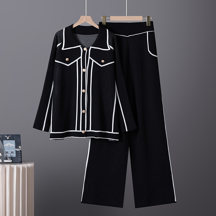 Cross border European and American high-end fashion lapel temperament knitted suit women's autumn and winter commuting women's knitted two-piece set trendy