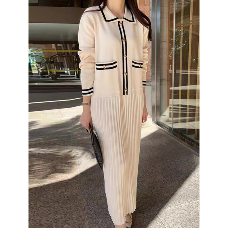 Korean style chic retro lapel contrasting knitted dress with elegant edging, small fragrance, wind pressure pleats, loose long skirt for women Korean style chic retro lapel contrasting knitted dress with elegant edging, small fragrance, wind pressure pleats, loose long skirt for women