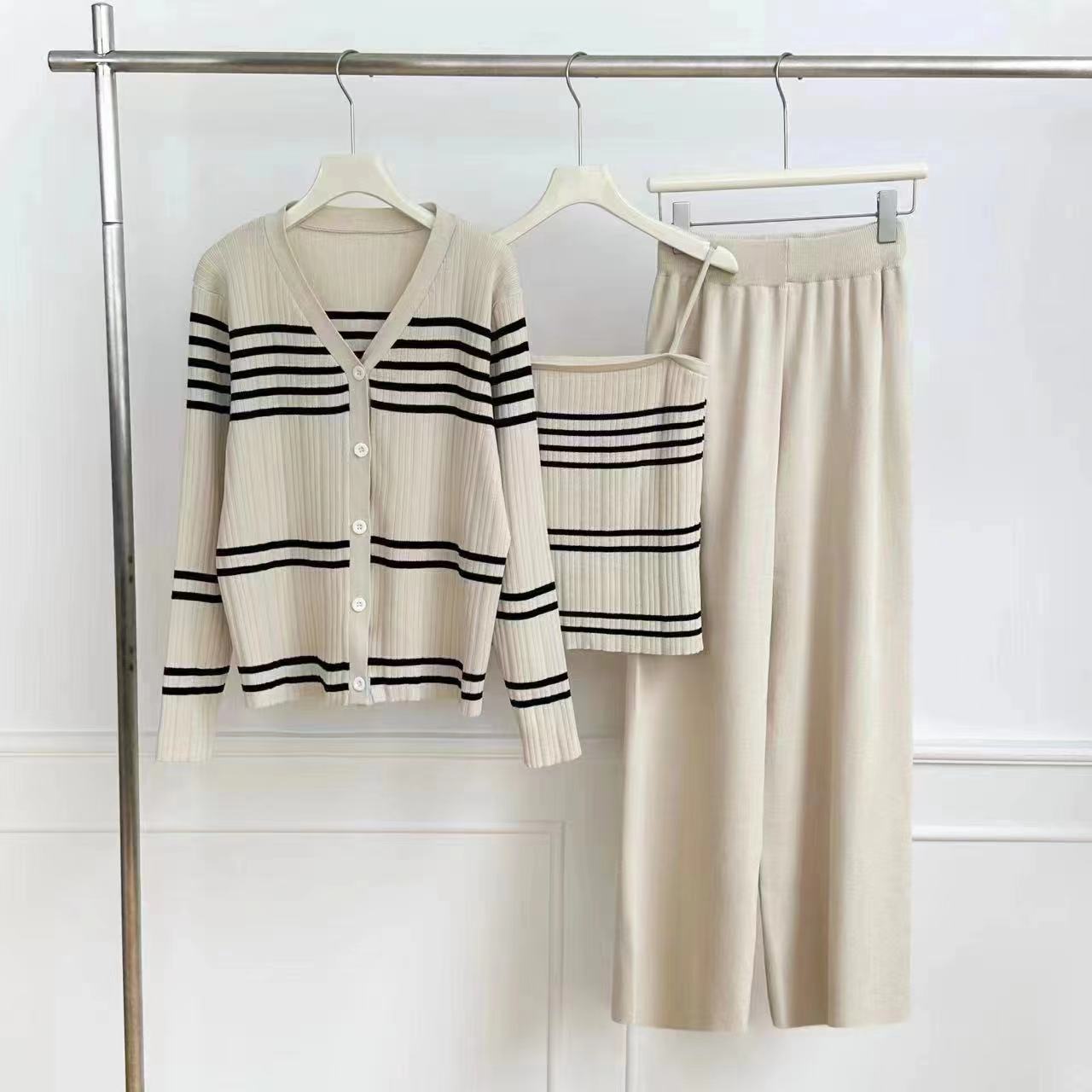 2024 Pure Desire Wind Striped Strap Sunscreen Cardigan 3-piece Set Sexy Temperament Versatile Knitted Top for Women