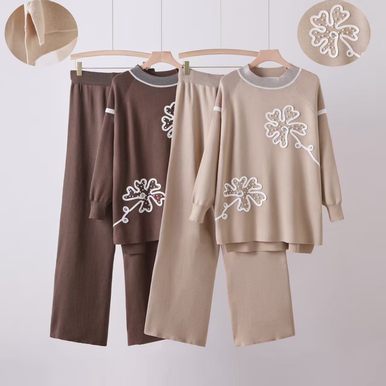 Foreign trade fashion simple long sleeved flower temperament knitted women's loose and slimming round neck sweater wide leg pants two-piece set Foreign trade fashion simple long sleeved flower temperament knitted women's loose and slimming round neck sweater wide leg pants two-piece set