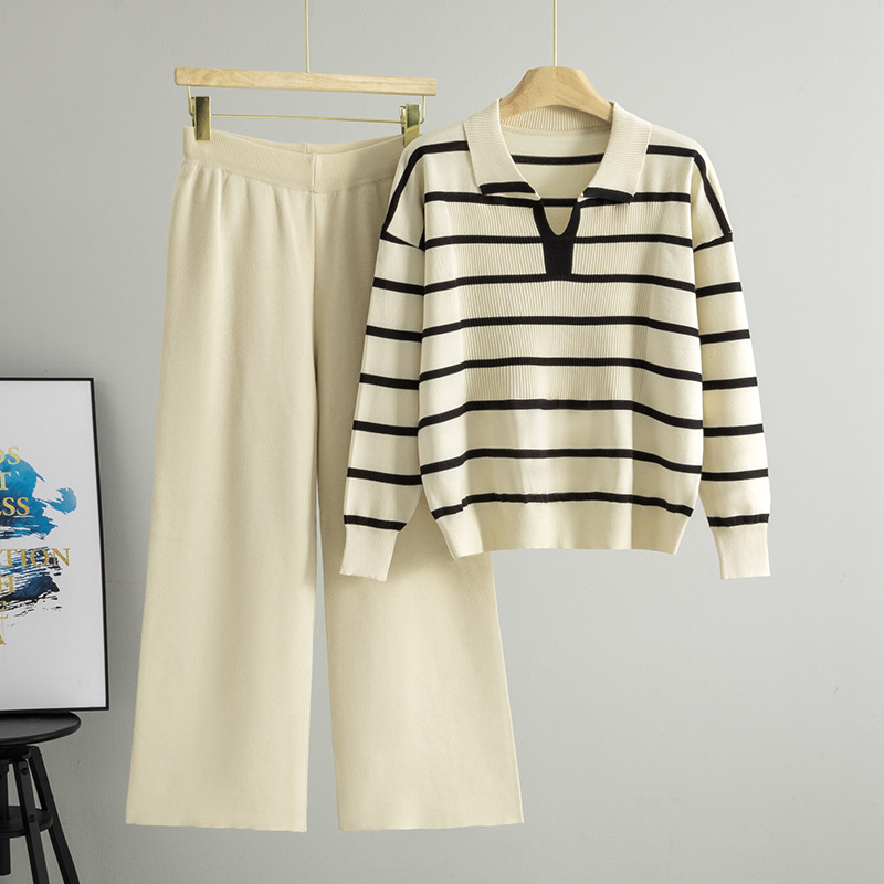 Cross border foreign trade contrasting striped V-neck niche design knitted sweater high waist wide leg pants two-piece set elegant temperament for women