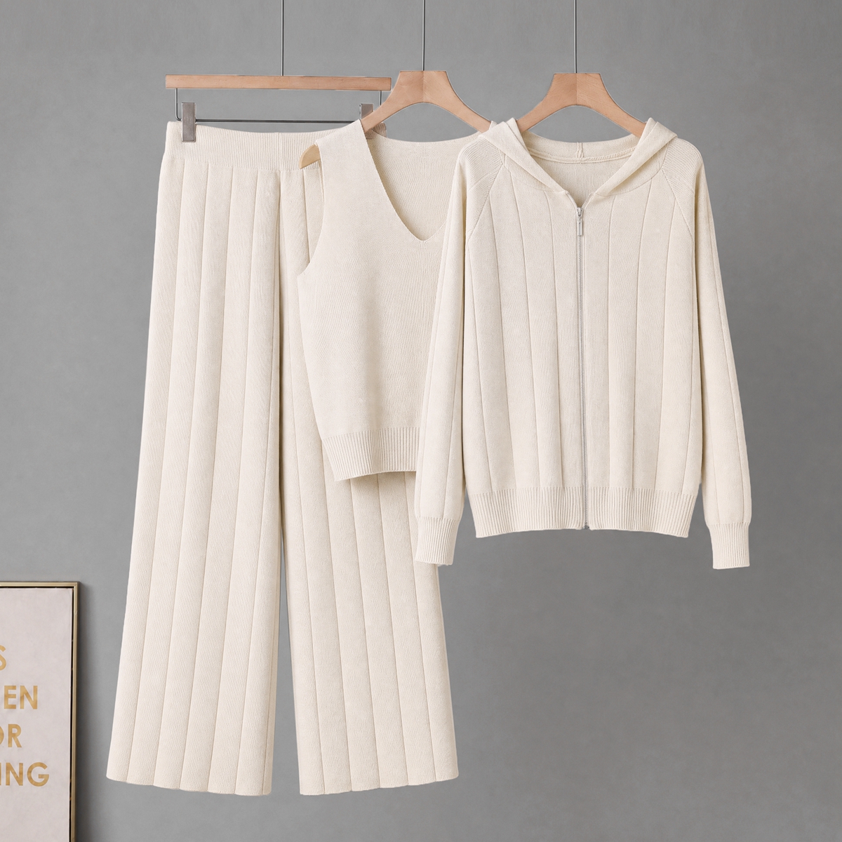 Korean fashion knitted suit women's 2025 autumn and winter new jacket camisole vest+high waist wide leg pants three piece set
