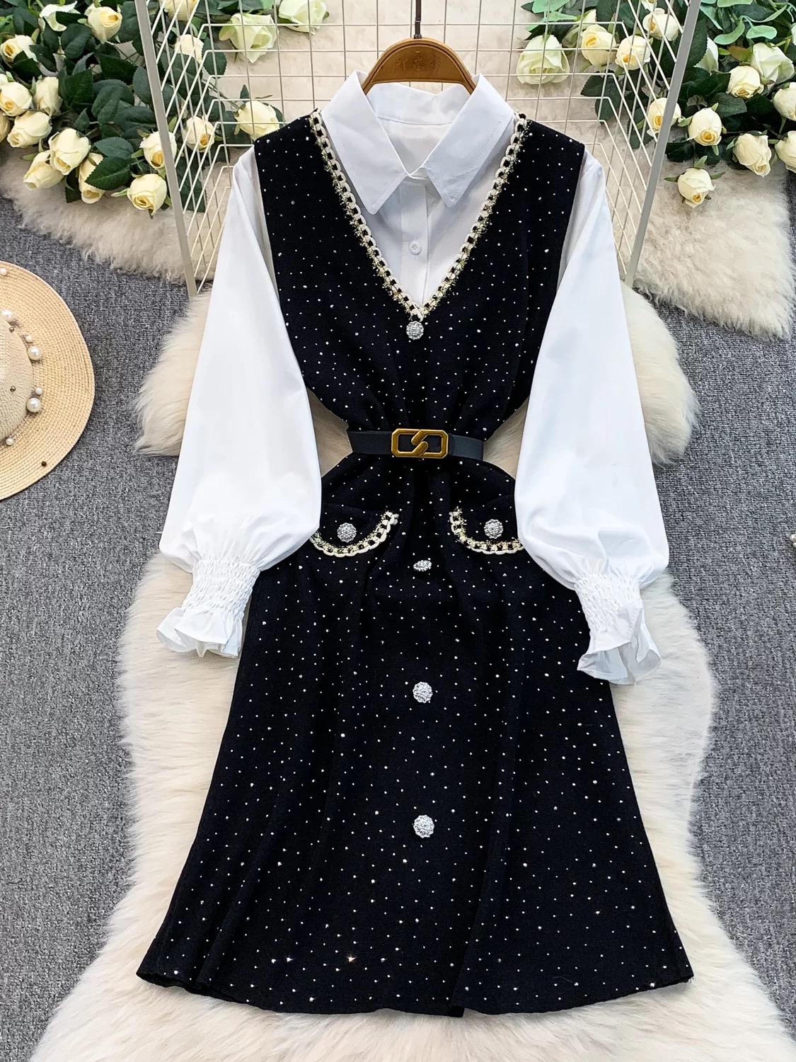 Light luxury small fragrance style outfit, super hot stamping diamond knitted V-neck vest dress, fashionable commuting white shirt underneath
