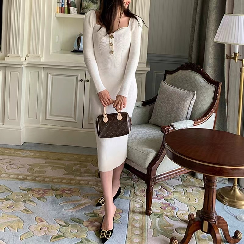2024 Korean version new button design square neck knitted dress for women, slim fit and slimming temperament, base long skirt for women