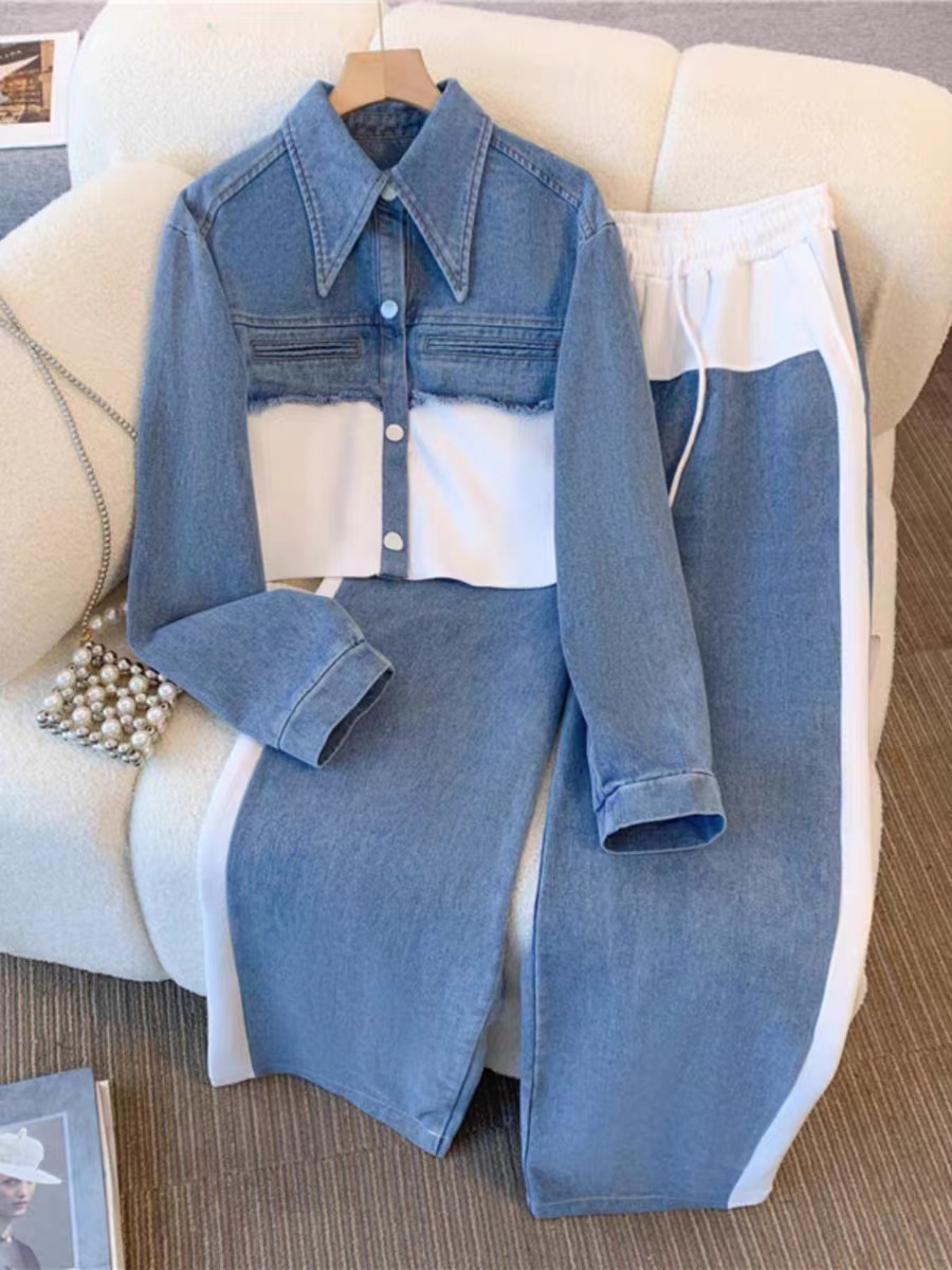 Fashionable patchwork denim jacket casual wide leg pants set for women's autumn plus size chubby sister fashionable and stylish two-piece set