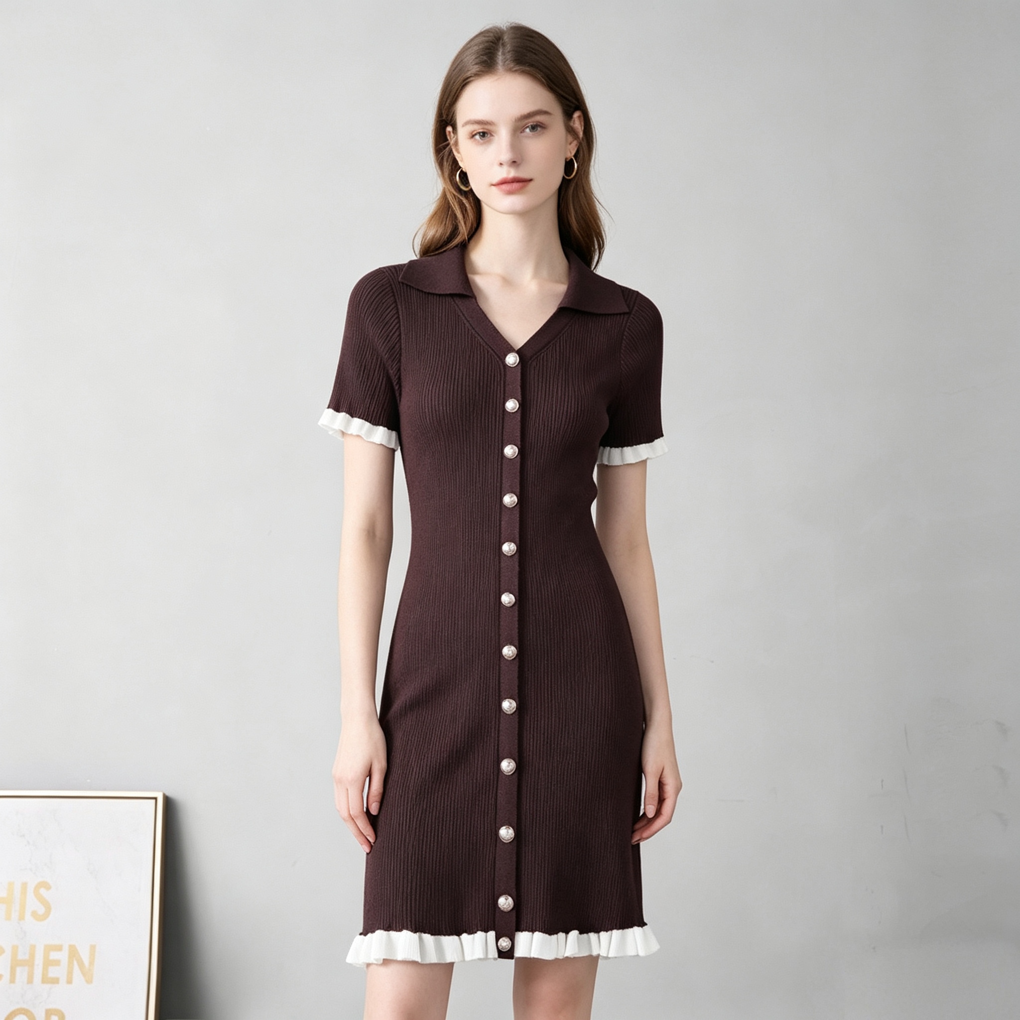 Cross border V-neck women's slim fit and slimming single breasted splicing short sleeved knitted hip hugging dress commuting summer dress