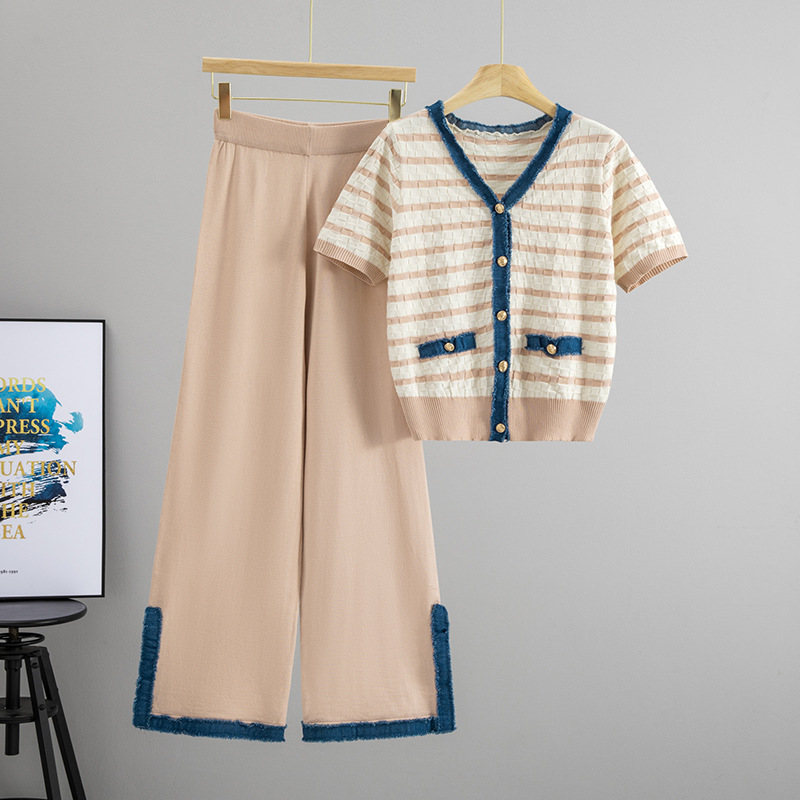 Summer denim patchwork striped V-neck cardigan short sleeved top set, feminine style split wide leg pants two-piece set, trendy