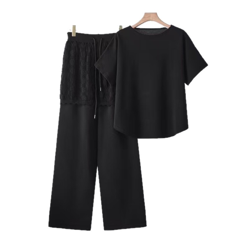 Cross border 2026 summer new style casual and gentle style set for women, loose and slim knit wide leg pants, two pieces Cross border 2026 summer new style casual and gentle style set for women, loose and slim knit wide leg pants, two pieces