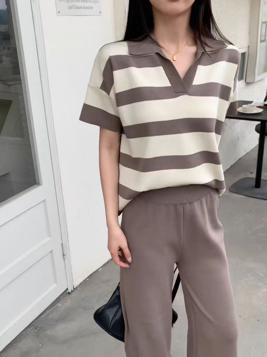 Spring and Autumn New Korean Color Contrast Stripe POLO Collar 1 Design Knitted Top+High Waist Wide Leg Pants Two Piece Set Spring and Autumn New Korean Color Contrast Stripe POLO Collar 1 Design Knitted Top+High Waist Wide Leg Pants Two Piece Set