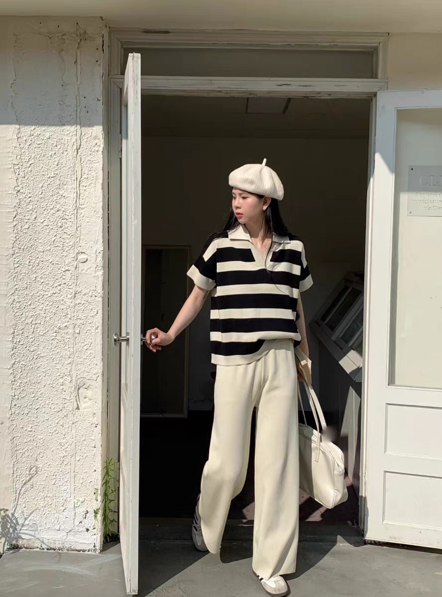 Spring and Autumn New Korean Color Contrast Stripe POLO Collar 1 Design Knitted Top+High Waist Wide Leg Pants Two Piece Set Spring and Autumn New Korean Color Contrast Stripe POLO Collar 1 Design Knitted Top+High Waist Wide Leg Pants Two Piece Set