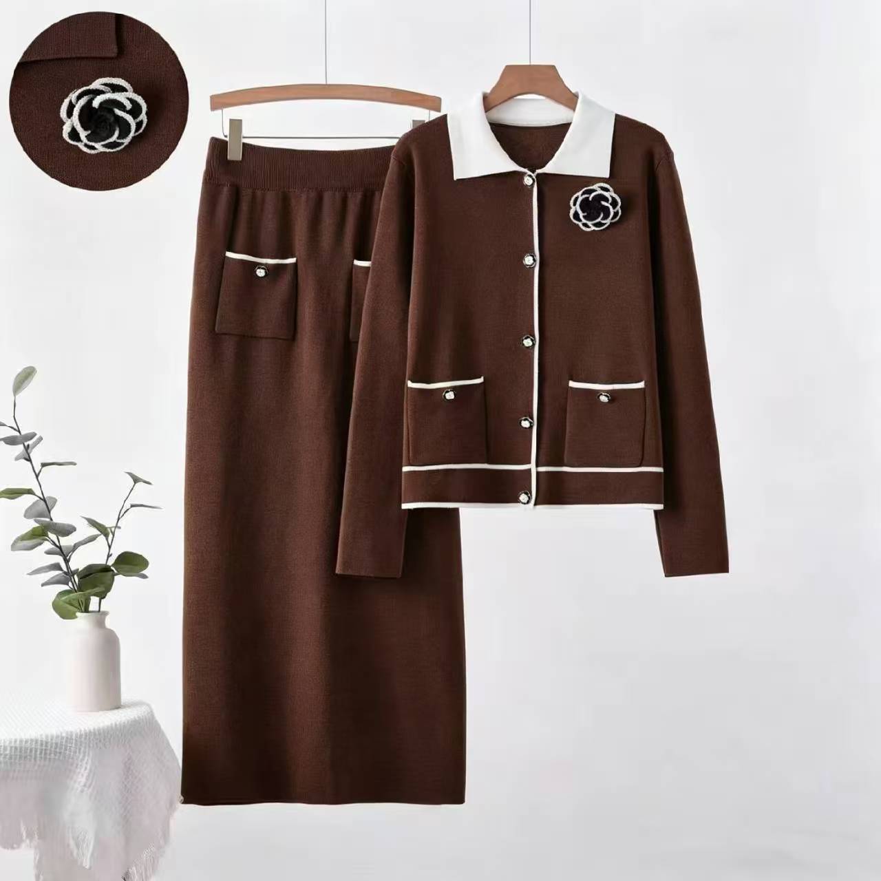 Cross border Korean Camellia Sweater Set Women's Spring/Autumn Knitted Top Skirt Two piece Set Autumn/Winter Korean Cross border Korean Camellia Sweater Set Women's Spring/Autumn Knitted Top Skirt Two piece Set Autumn/Winter Korean