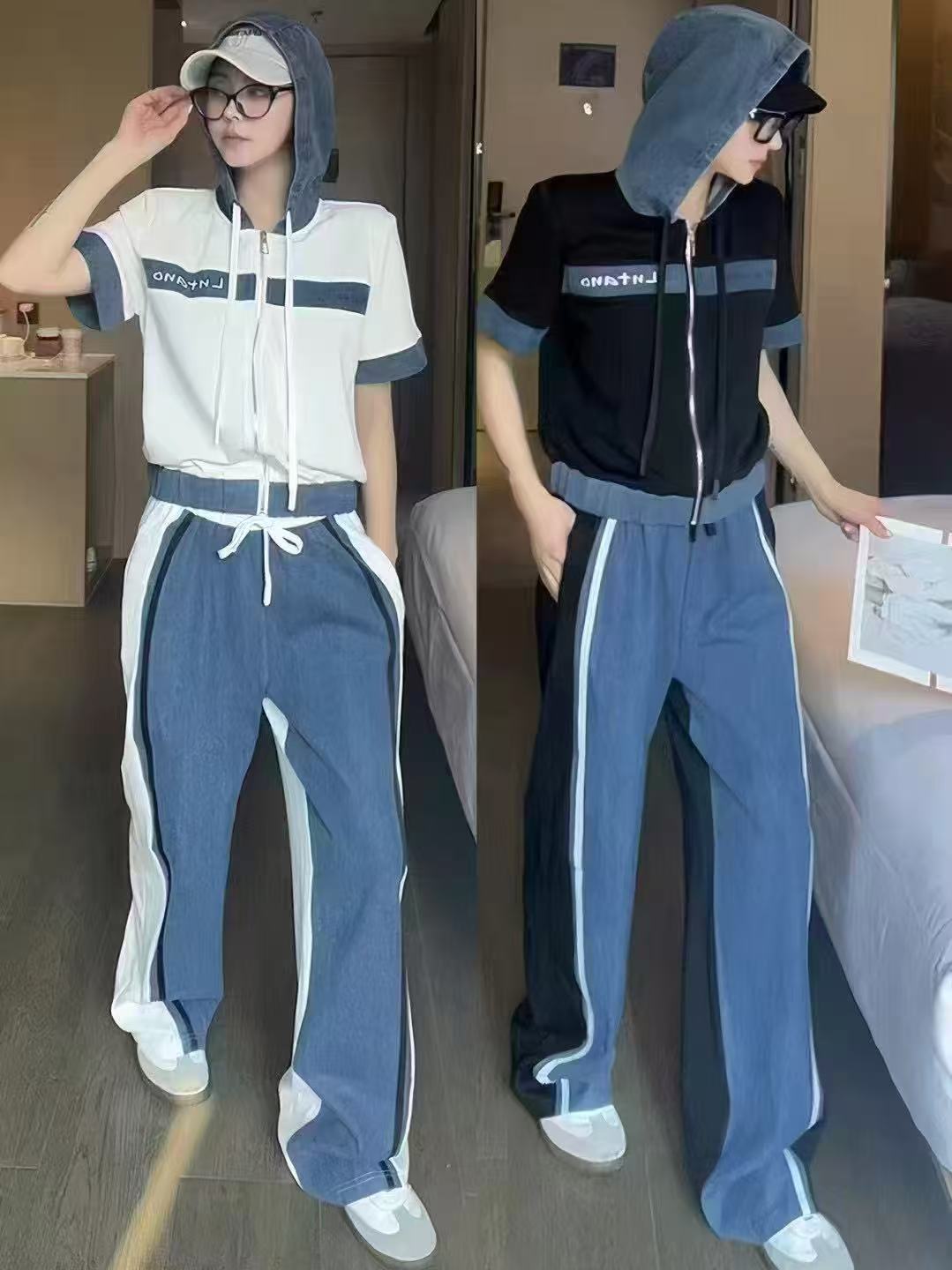 New design niche denim patchwork sweatshirt wide leg pants two-piece set