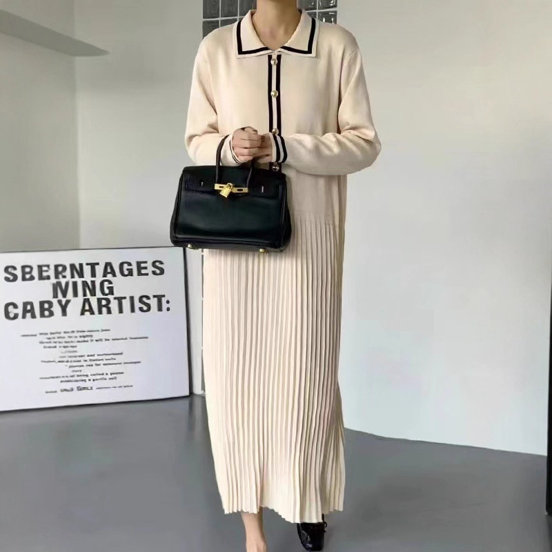 Korean style chic retro lapel contrasting knitted dress with elegant edging, small fragrance, wind pressure pleats, loose long skirt for women Korean style chic retro lapel contrasting knitted dress with elegant edging, small fragrance, wind pressure pleats, loose long skirt for women
