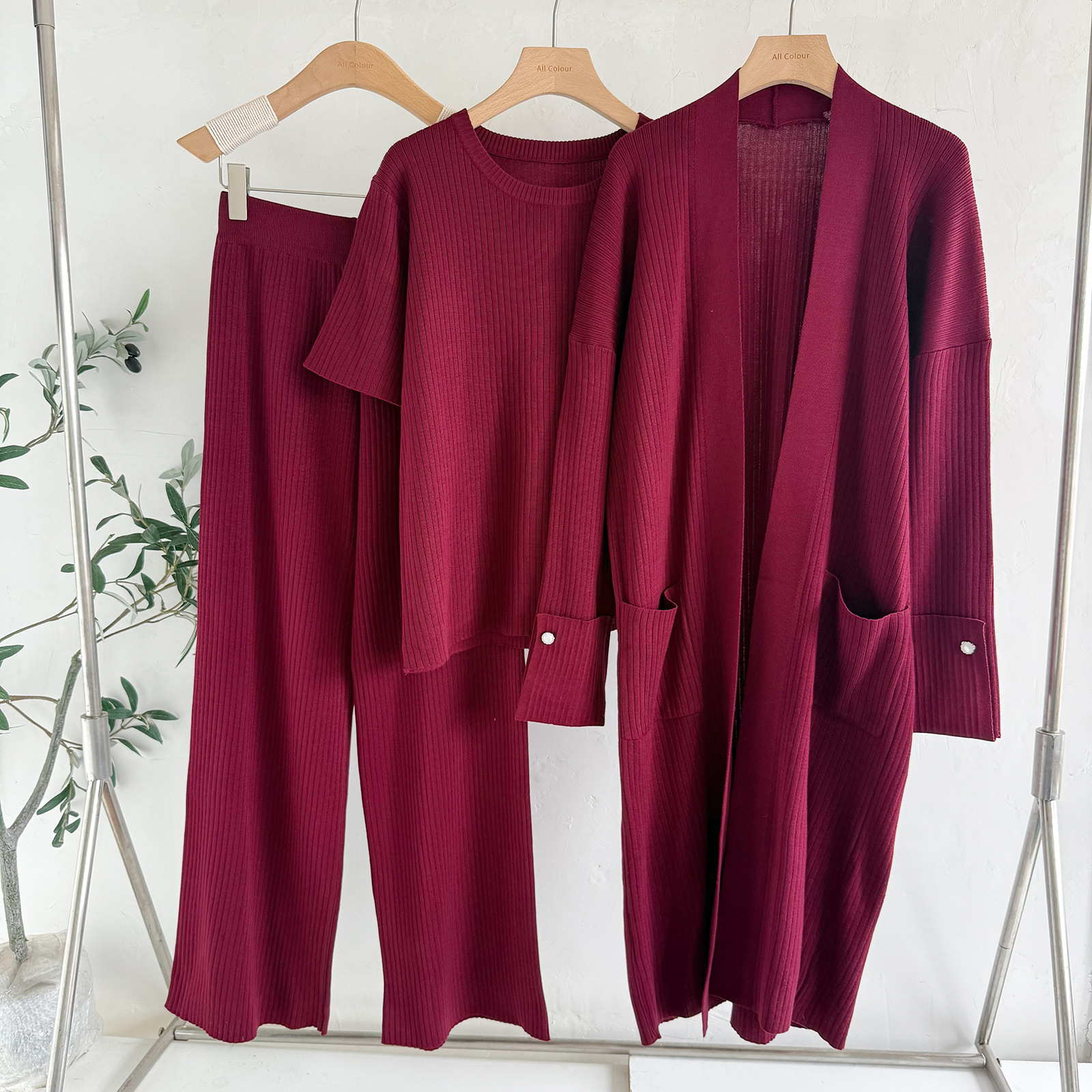 Cross border Amazon temperament knitted suit women's autumn and winter top mid length cardigan jacket wide leg pants three piece set trendy