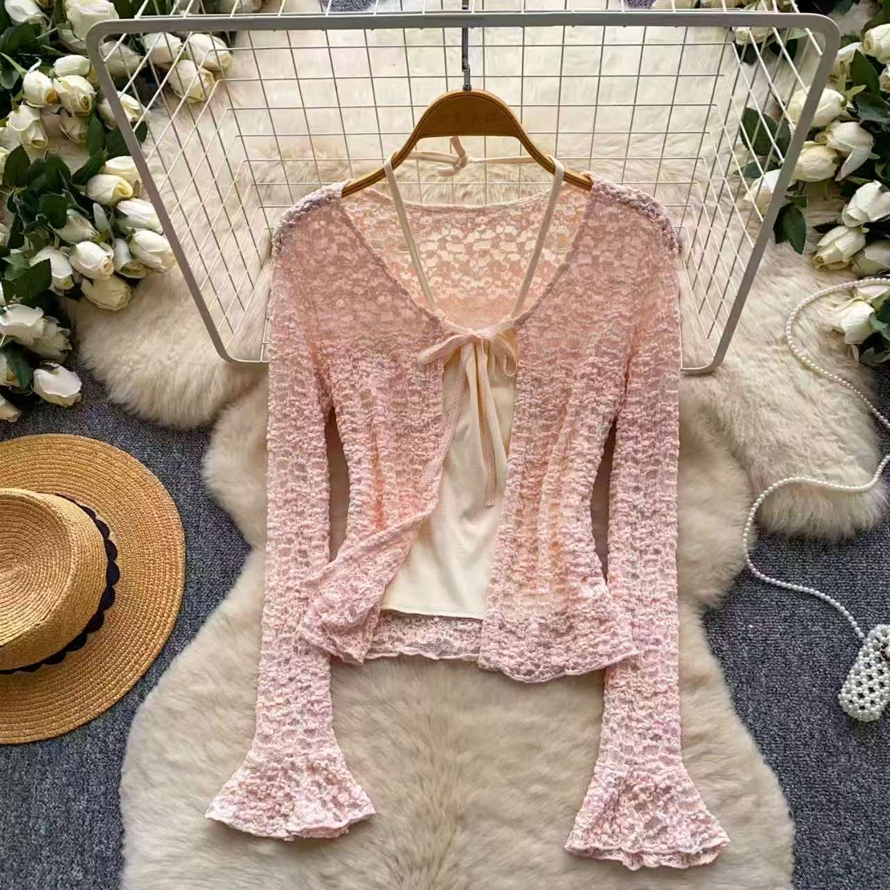 French hollow camisole lace cardigan women's spring lace collar flared sleeves two-piece set slimming and sun protection temperament set French hollow camisole lace cardigan women's spring lace collar flared sleeves two-piece set slimming and sun protection temperament set